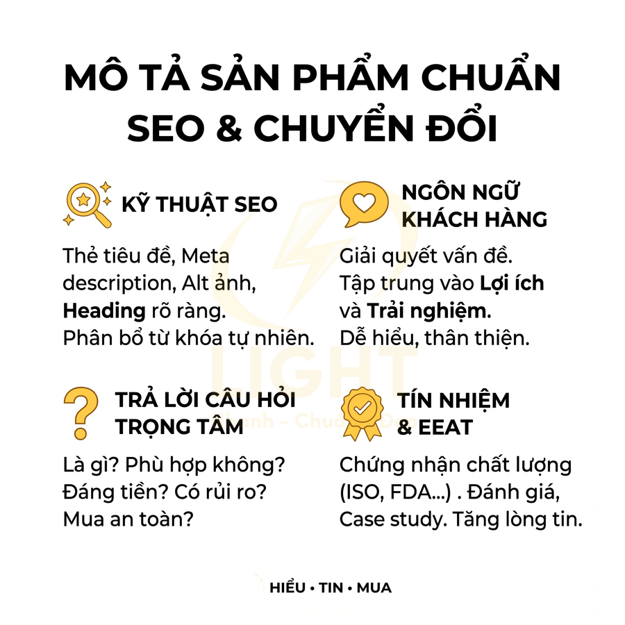 Hướng dẫn mô tả sản phẩm chuẩn SEO và tăng chuyển đổi với kỹ thuật SEO, ngôn ngữ khách hàng, trả lời câu hỏi, tín nhiệm