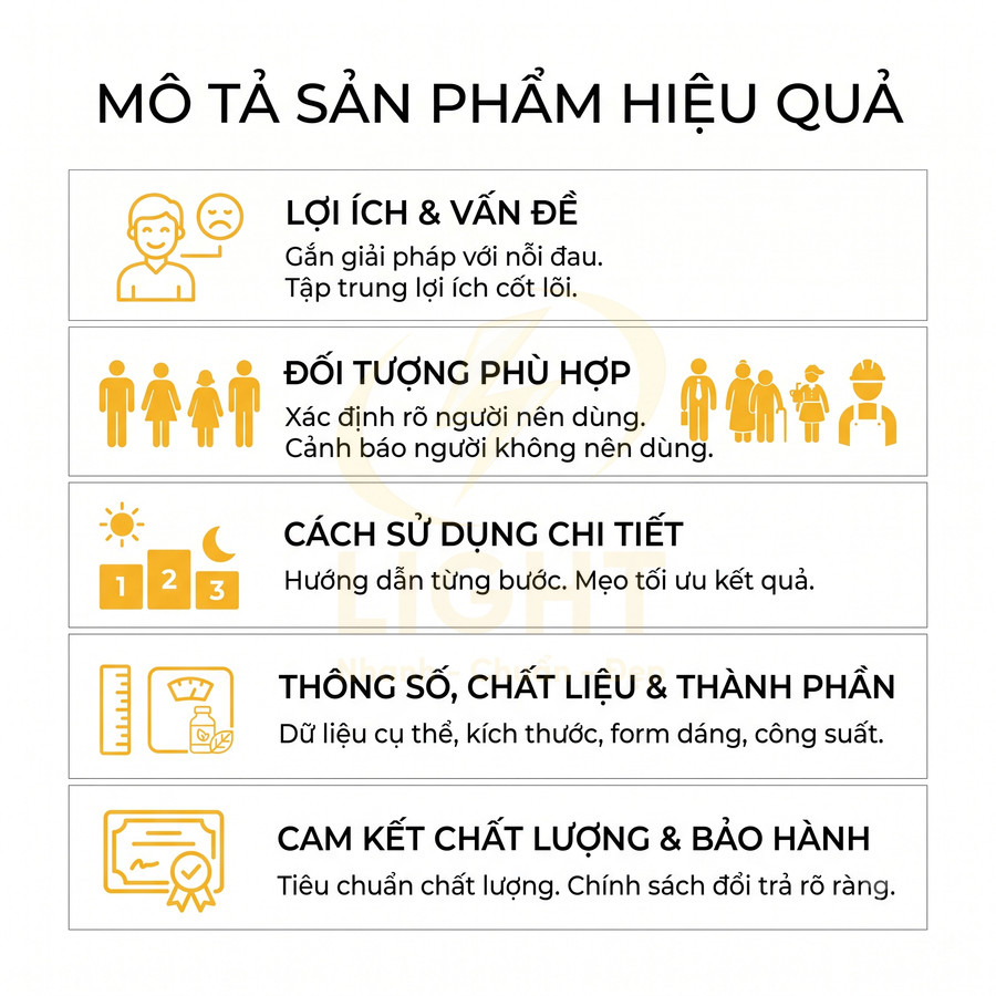 Hướng dẫn mô tả sản phẩm hiệu quả với lợi ích, đối tượng, cách dùng, thông số và cam kết bảo hành