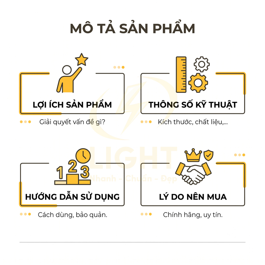 Mẫu mô tả sản phẩm gồm lợi ích, thông số kỹ thuật, hướng dẫn sử dụng và lý do nên mua