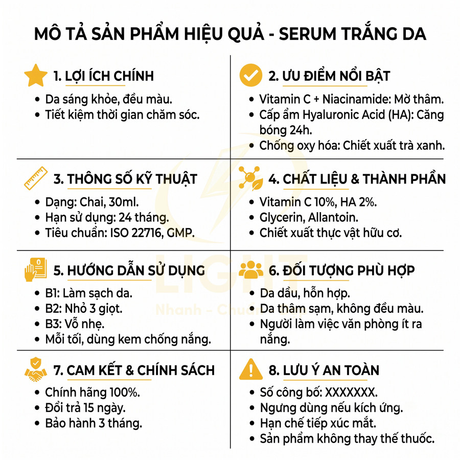 Bảng mô tả chi tiết serum trắng da: lợi ích, thành phần vitamin C và HA, hướng dẫn sử dụng, cam kết và lưu ý an toàn