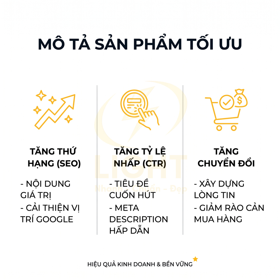 Infographic mô tả lợi ích mô tả sản phẩm tối ưu giúp tăng SEO, tăng tỷ lệ nhấp và tăng chuyển đổi bán hàng
