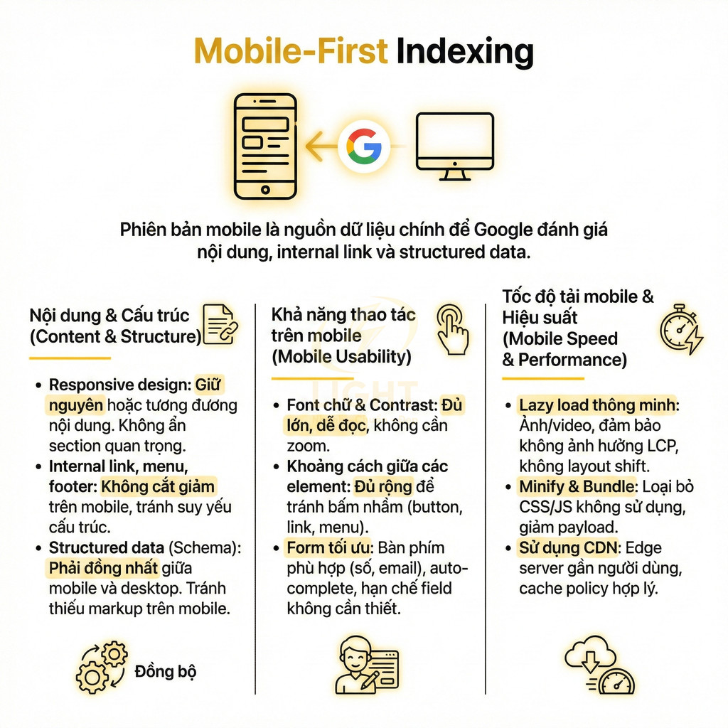 Infographic hướng dẫn tối ưu website cho Mobile First Indexing với nội dung, thao tác và tốc độ tải trên mobile