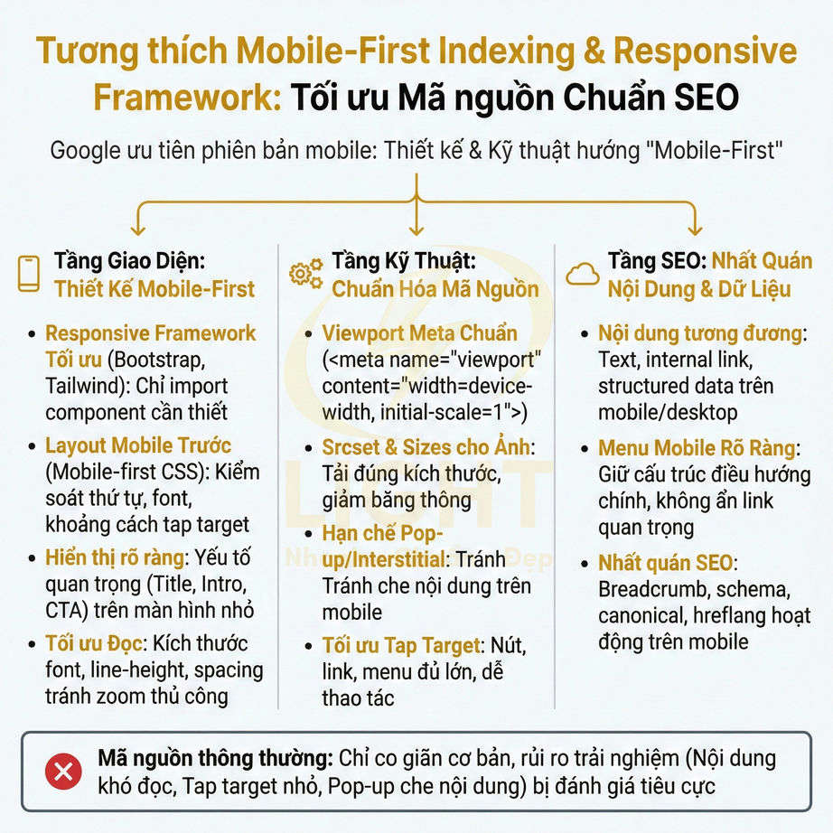 Infographic hướng dẫn tối ưu mobile first indexing và responsive framework chuẩn SEO cho giao diện, kỹ thuật và nội dung.