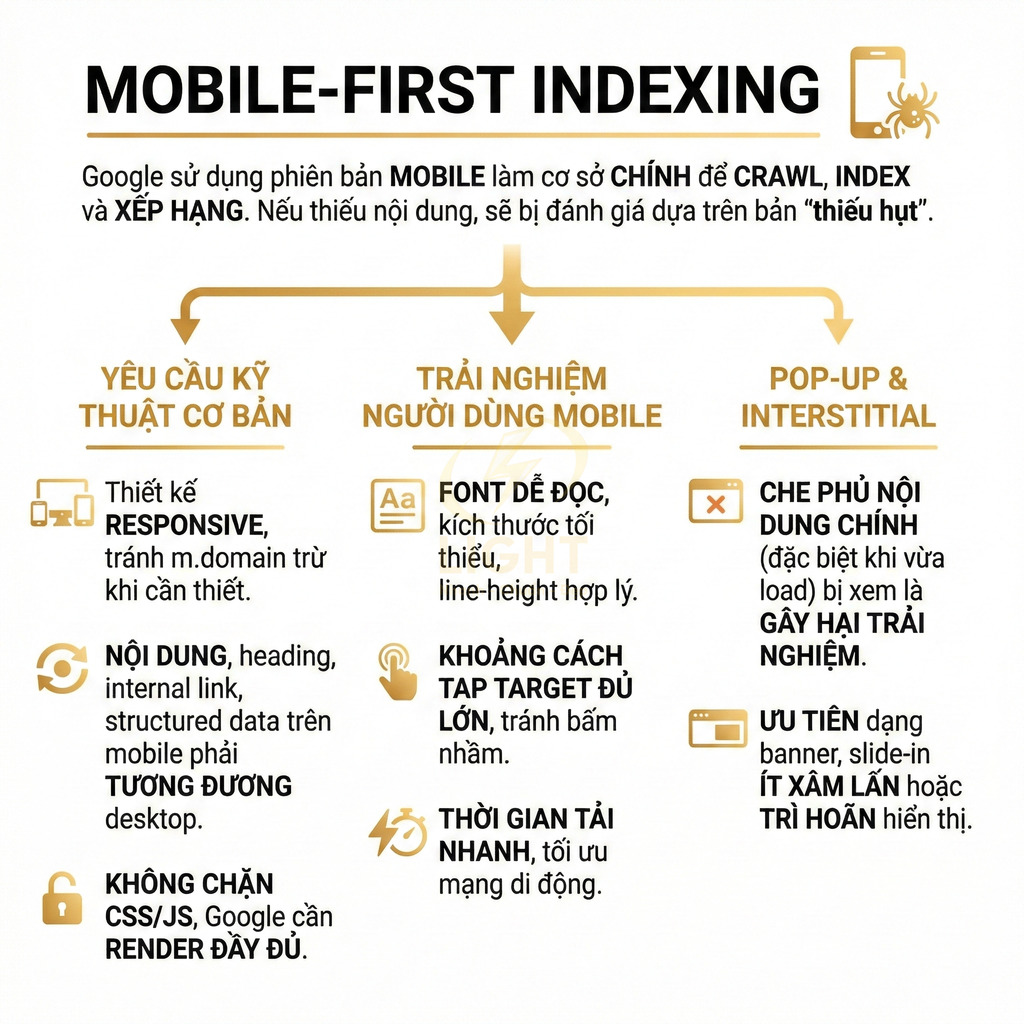 Hướng dẫn tối ưu mobile first indexing của Google với yêu cầu kỹ thuật, trải nghiệm người dùng và hạn chế pop up