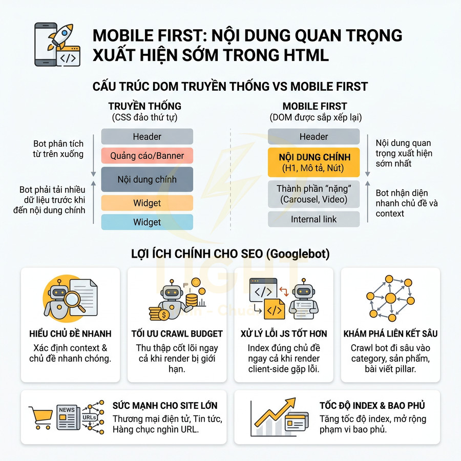 Infographic so sánh cấu trúc DOM truyền thống và mobile first, nêu lợi ích SEO cho Googlebot
