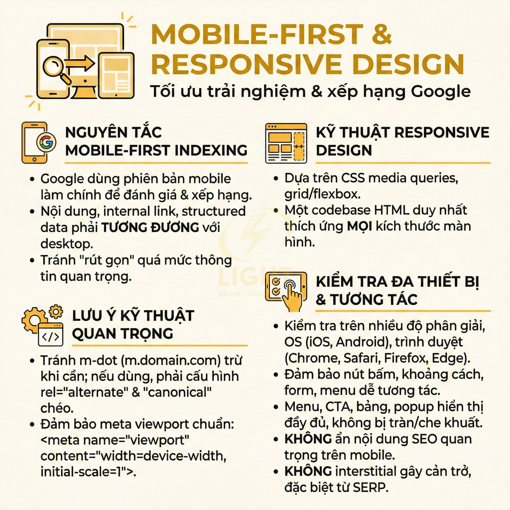 Infographic hướng dẫn tối ưu mobile first và responsive design để cải thiện trải nghiệm và xếp hạng SEO trên Google