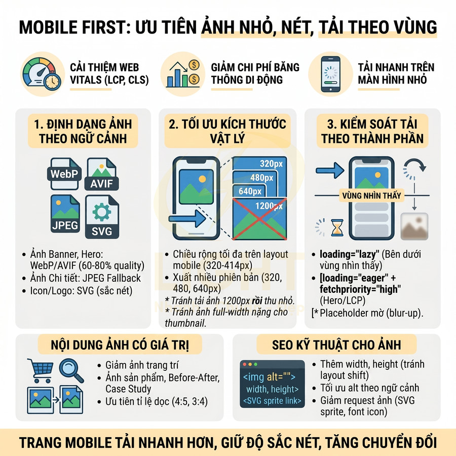 Infographic tối ưu hình ảnh cho mobile first với định dạng WebP AVIF JPEG SVG và kỹ thuật SEO ảnh