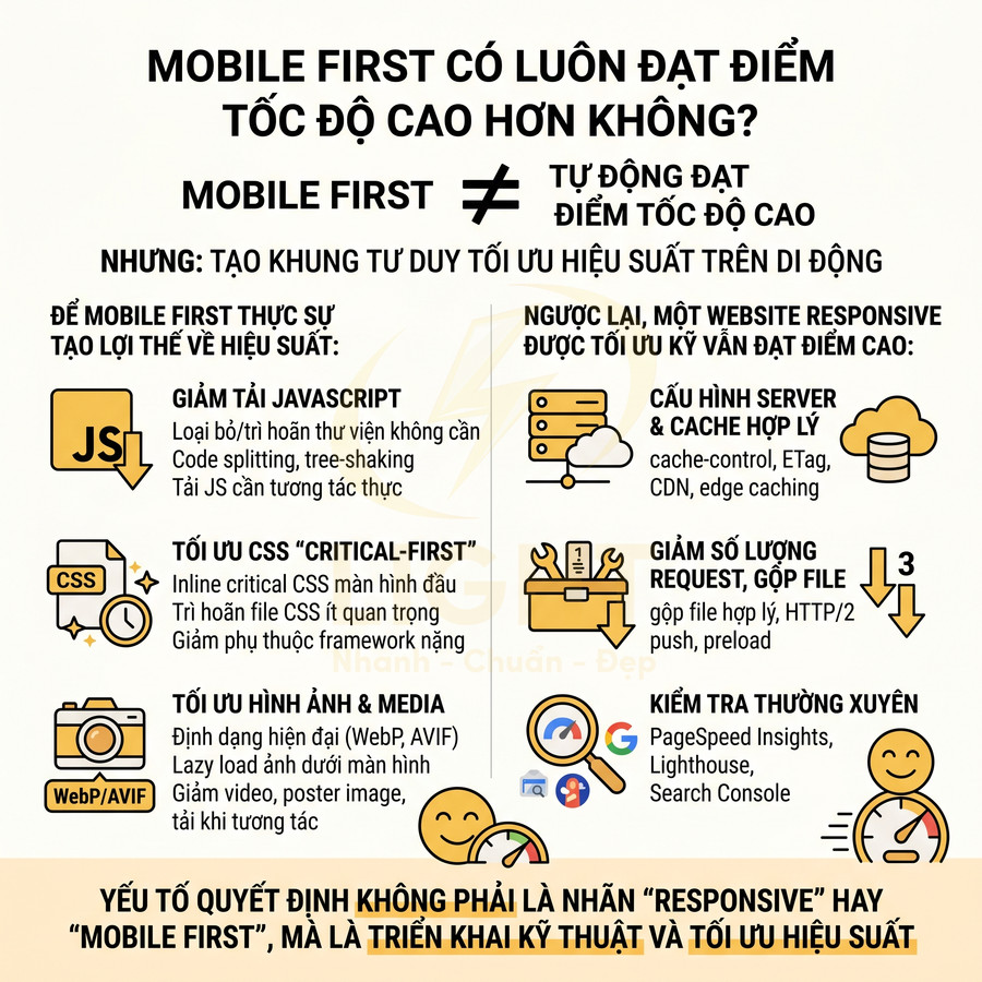 Infographic so sánh mobile first và responsive, hướng dẫn tối ưu hiệu suất tốc độ tải trang web