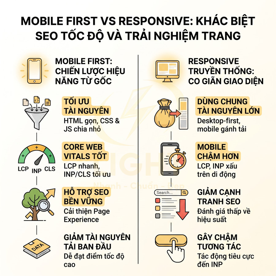 So sánh chiến lược mobile first và responsive truyền thống về tốc độ tải trang và trải nghiệm SEO
