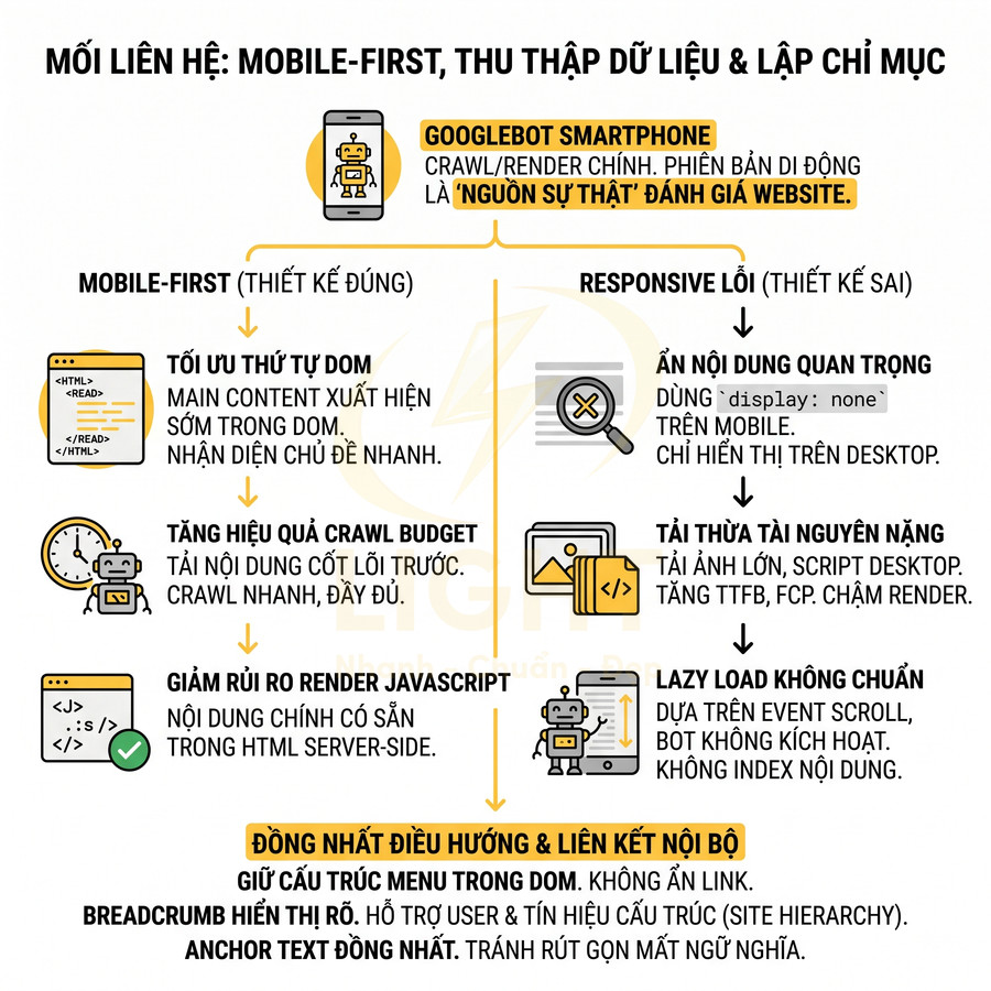 Infographic SEO giải thích mối liên hệ mobile first, Googlebot smartphone, tối ưu DOM và tránh lỗi responsive khi thu thập dữ liệu