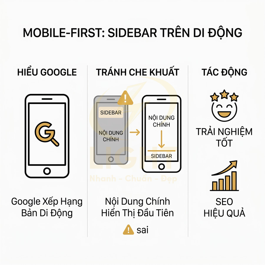 Minh họa nguyên tắc mobile first, bố cục sidebar dưới nội dung chính để tối ưu trải nghiệm và SEO trên di động