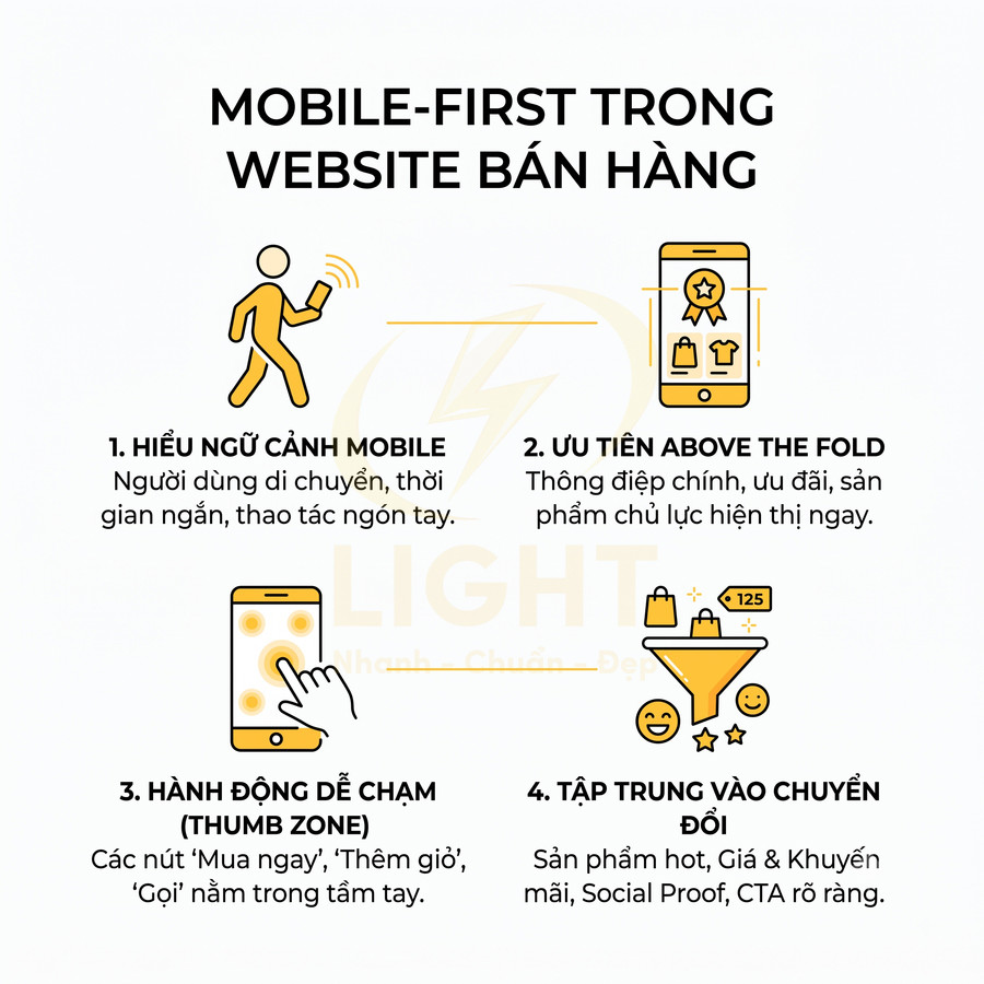 Infographic mobile first trong thiết kế website bán hàng với 4 nguyên tắc tối ưu trải nghiệm và chuyển đổi trên điện thoại