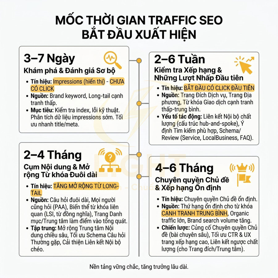Mốc thời gian traffic SEO bắt đầu xuất hiện từ 3 ngày đến 6 tháng với các giai đoạn và mục tiêu tối ưu khác nhau