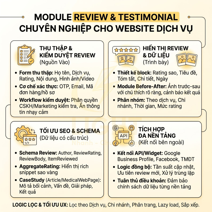 Mô tả module review testimonial chuyên nghiệp cho website dịch vụ với tính năng thu thập hiển thị và tối ưu SEO