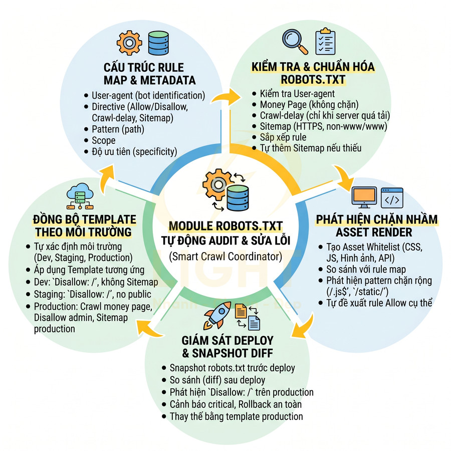 Sơ đồ module robots.txt tự động audit, sửa lỗi và tối ưu crawl website với các bước kiểm tra, đồng bộ, giám sát