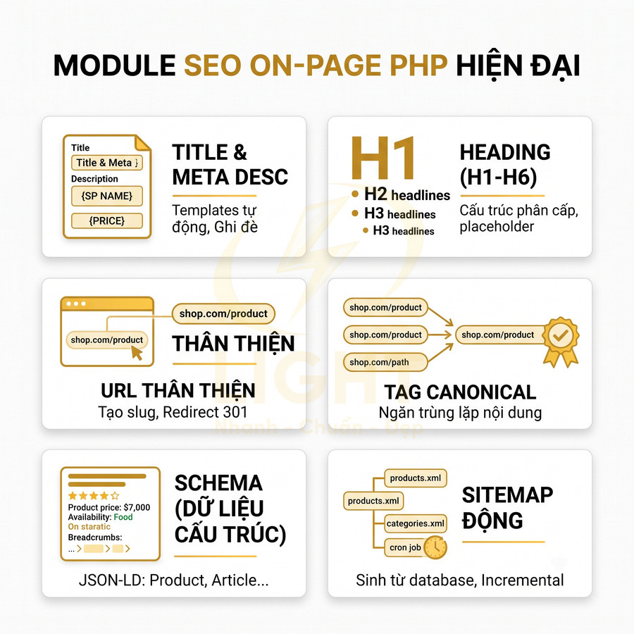 Module SEO onpage PHP hiện đại với các tính năng title meta, heading, URL thân thiện, canonical, schema và sitemap động