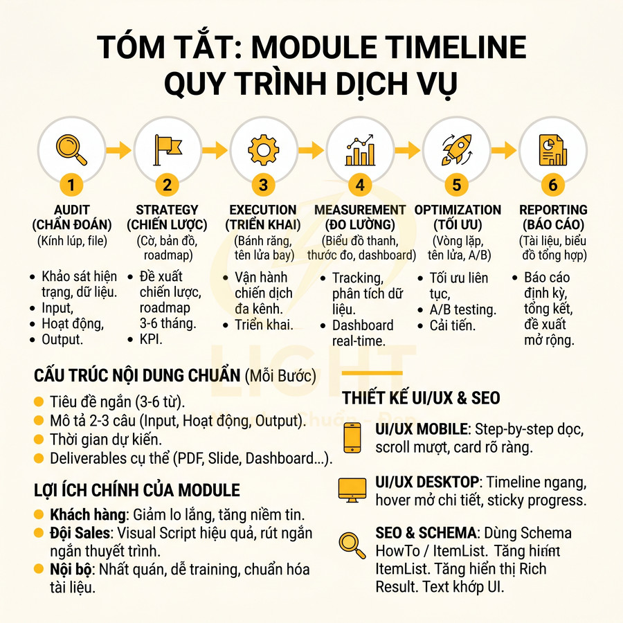 Tóm tắt module timeline quy trình dịch vụ marketing với 6 bước từ audit đến báo cáo chi tiết