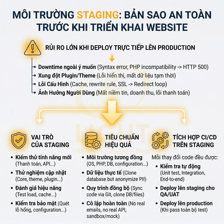 Infographic môi trường staging website, nêu rủi ro deploy production, vai trò, tiêu chuẩn và tích hợp CI CD