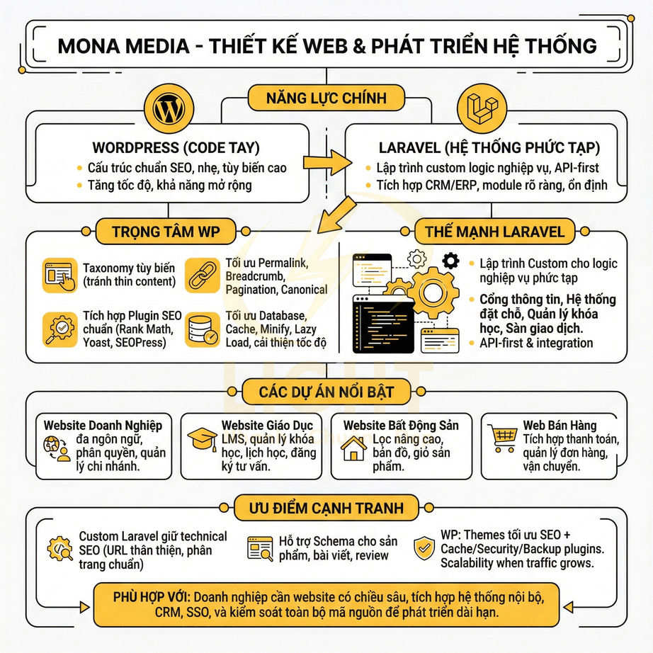 Infographic giới thiệu dịch vụ thiết kế web và phát triển hệ thống bằng WordPress và Laravel của Mona Media