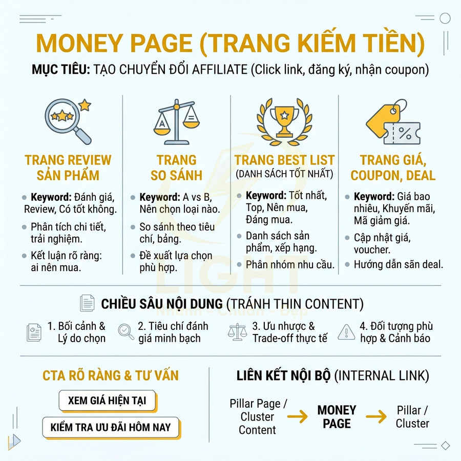 Infographic hướng dẫn xây dựng money page review sản phẩm, so sánh, best list và trang giá coupon cho affiliate marketing