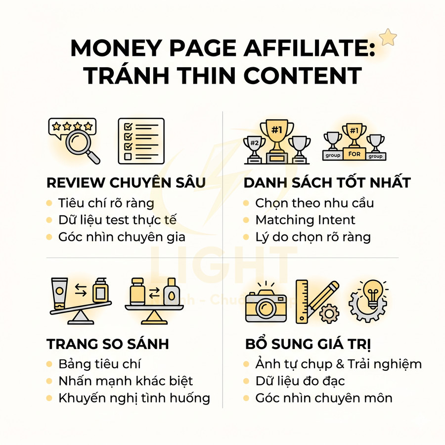 Hướng dẫn xây dựng money page affiliate tránh thin content với review chuyên sâu, danh sách tốt nhất, trang so sánh và nội dung bổ sung