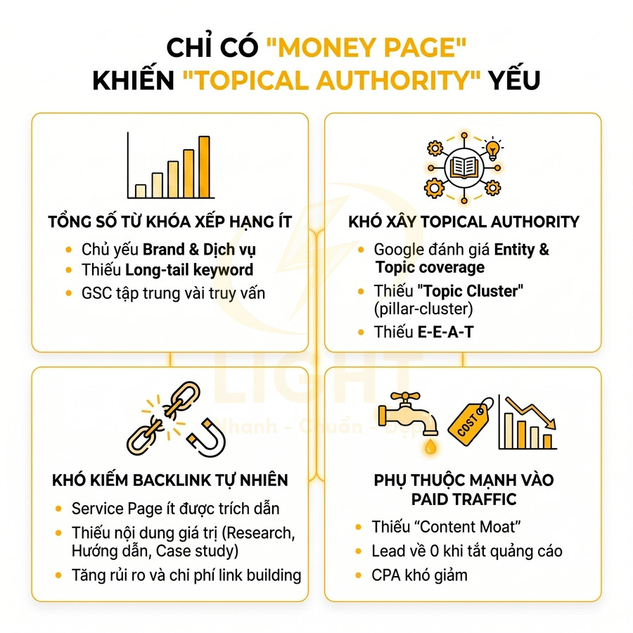 Infographic tiếng Việt về hạn chế SEO khi chỉ có money page và thiếu topical authority, backlink tự nhiên, content moat