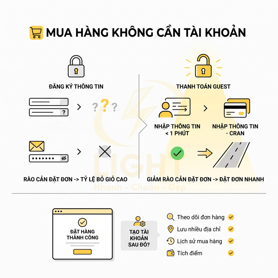 Hướng dẫn mua hàng không cần tài khoản với thanh toán guest, nhập thông tin nhanh và đặt hàng thành công