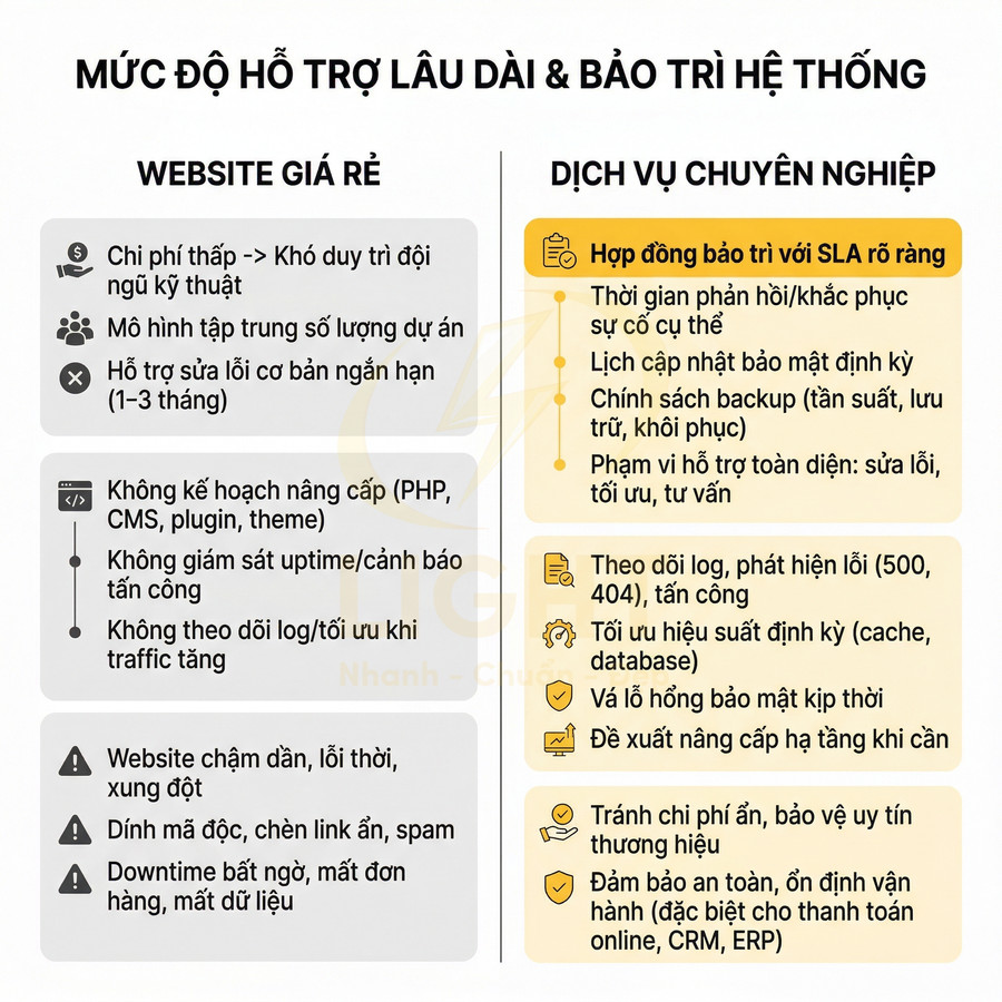 So sánh website giá rẻ và dịch vụ bảo trì website chuyên nghiệp với hợp đồng SLA, giám sát, bảo mật, tối ưu hiệu suất