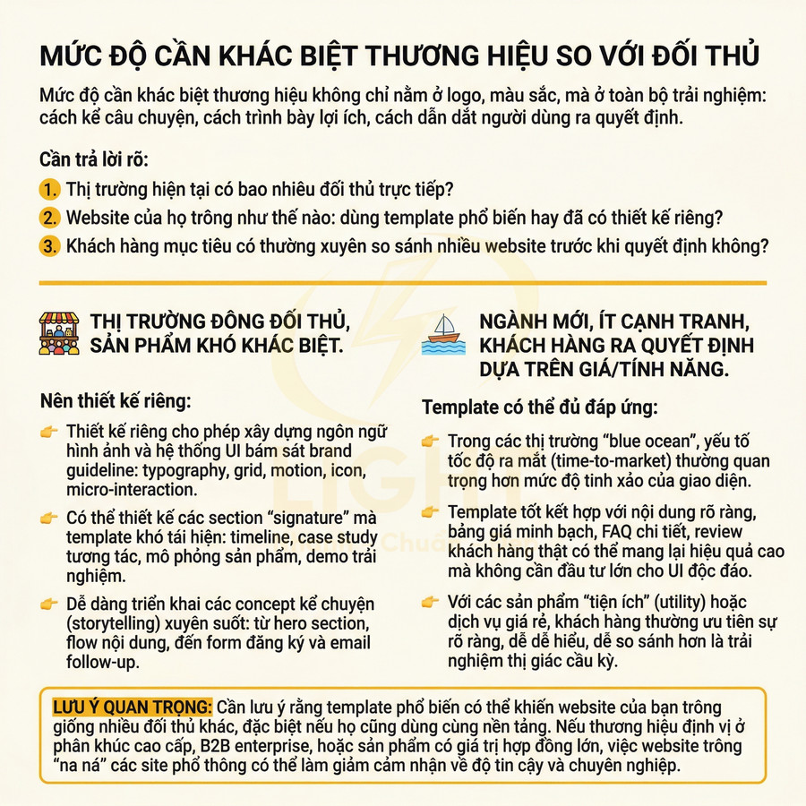 Infographic tiếng Việt về mức độ cần khác biệt thương hiệu so với đối thủ và gợi ý thiết kế website, template riêng
