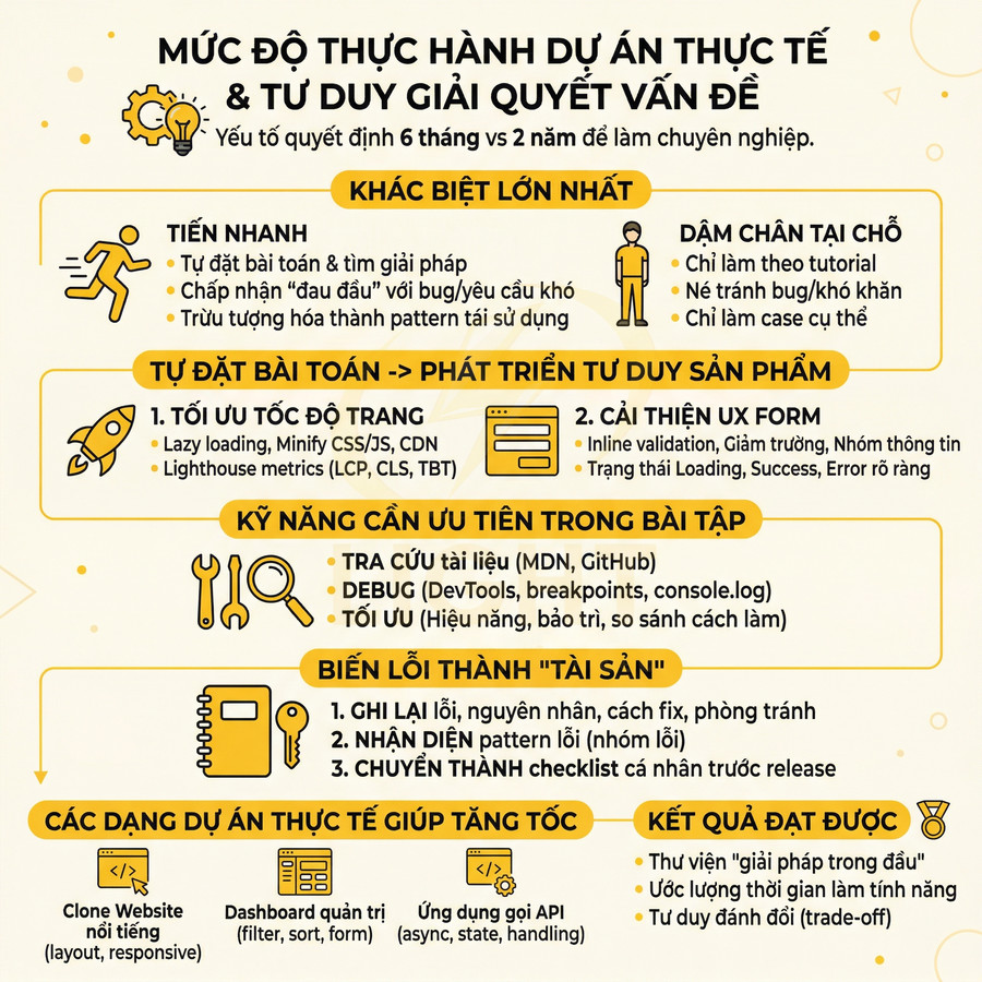 Infographic hướng dẫn thực hành dự án thực tế và phát triển tư duy giải quyết vấn đề cho lập trình viên frontend