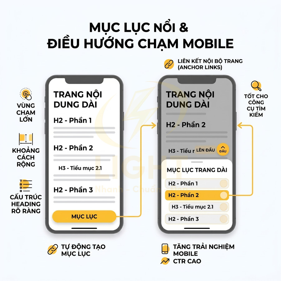 Giao diện mục lục nổi trên điện thoại, minh họa điều hướng chạm mobile cho trang nội dung dài