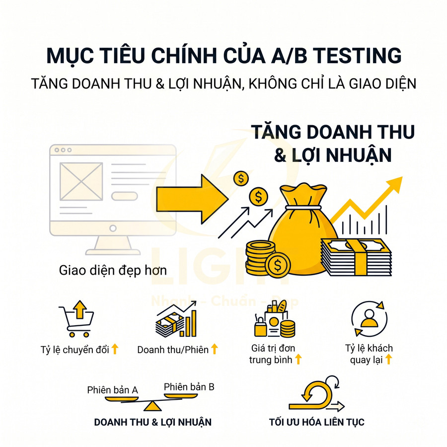 Minh họa A/B testing giúp tối ưu giao diện website để tăng doanh thu và lợi nhuận kinh doanh