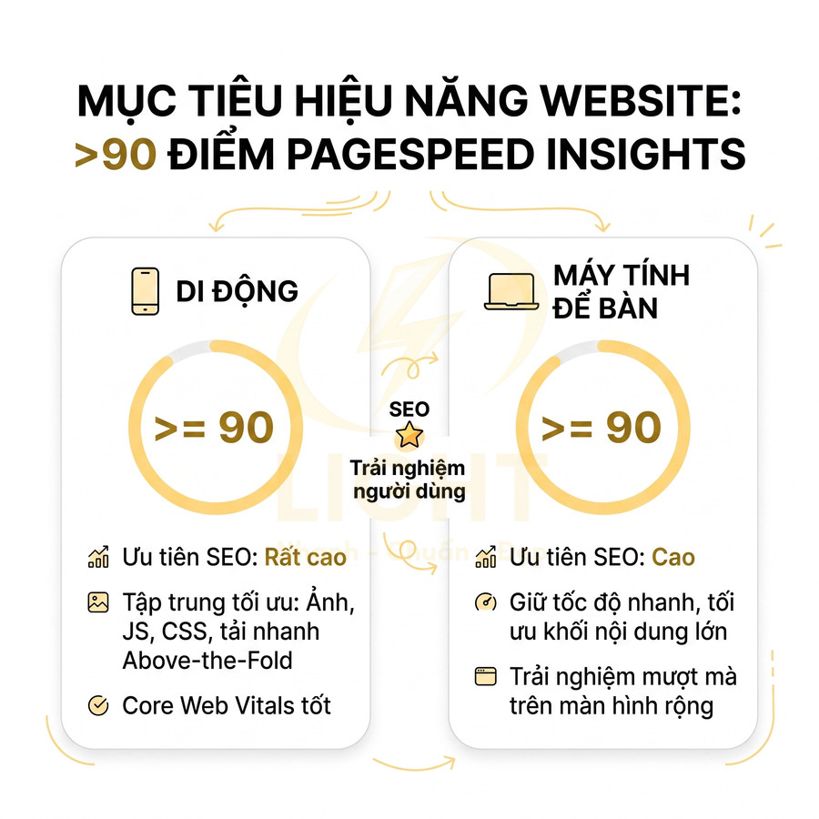 Mục tiêu tối ưu website đạt trên 90 điểm PageSpeed Insights cho di động và máy tính để bàn