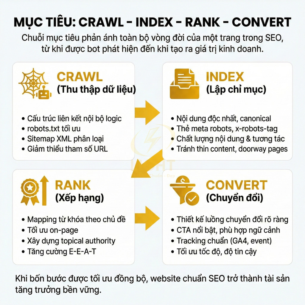 Quy trình SEO bốn bước crawl index rank convert với các gạch đầu dòng tối ưu website tăng chuyển đổi