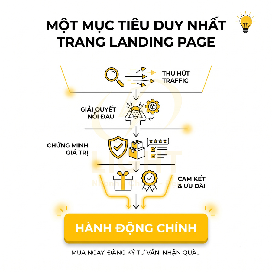 Sơ đồ quy trình tối ưu landing page thu hút traffic, giải quyết nỗi đau, chứng minh giá trị và kêu gọi hành động chính