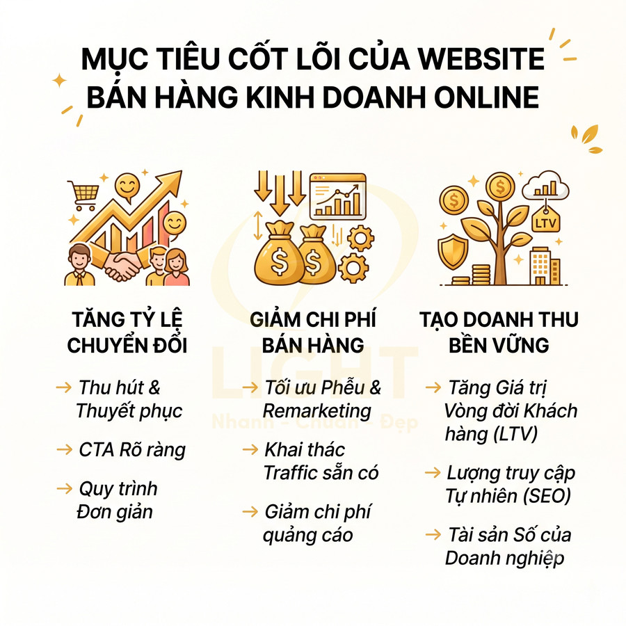 Mục tiêu cốt lõi của website bán hàng online: tăng chuyển đổi, giảm chi phí bán hàng, tạo doanh thu bền vững