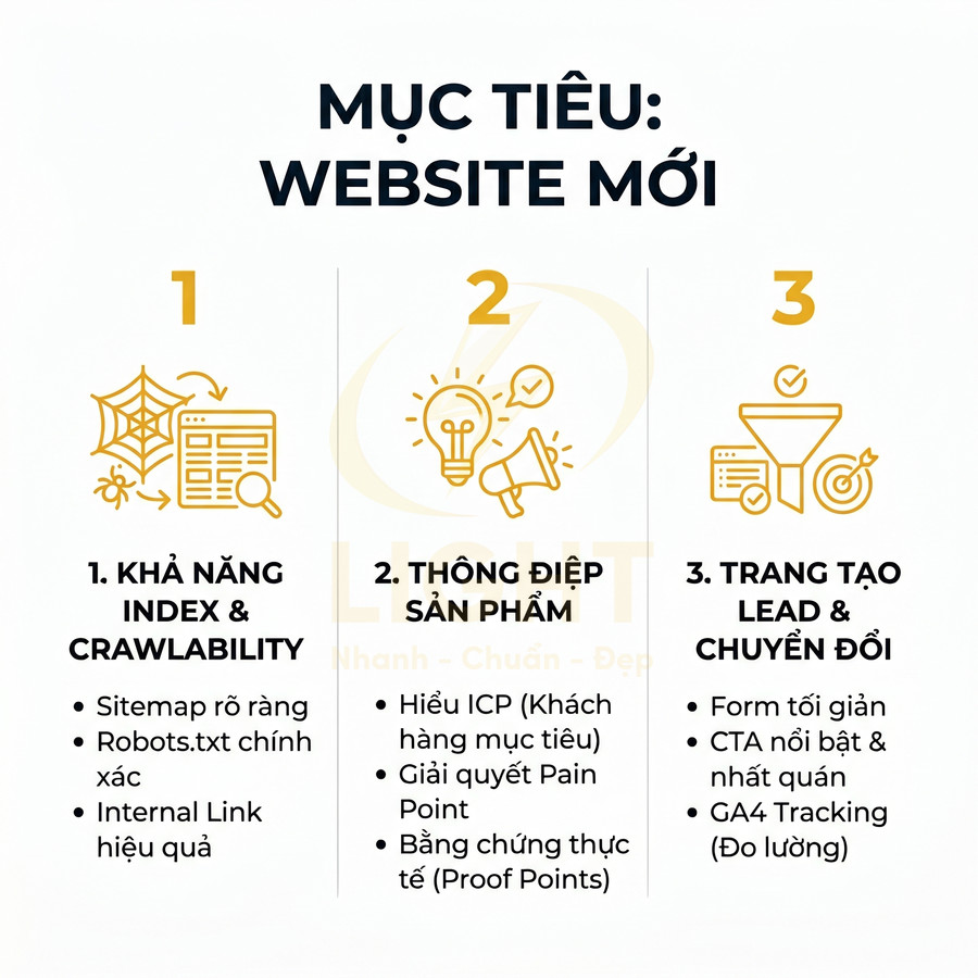 Mục tiêu website mới với ba nhóm nội dung: index và crawlability, thông điệp sản phẩm, trang tạo lead và chuyển đổi