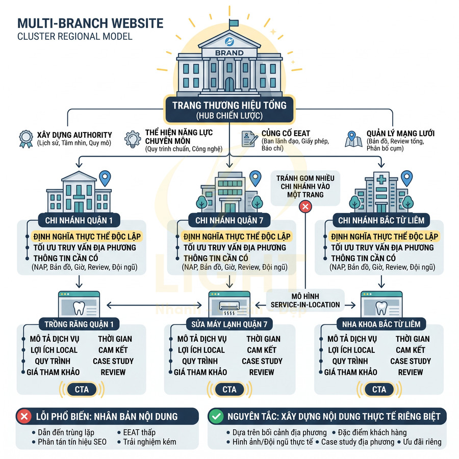 Mô hình website đa chi nhánh chuẩn SEO với trang thương hiệu tổng và các chi nhánh địa phương