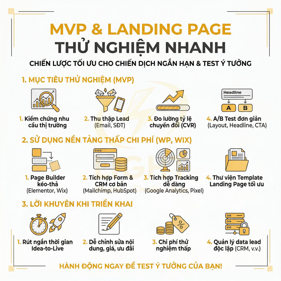 Infographic hướng dẫn chiến lược MVP và landing page thử nghiệm nhanh cho chiến dịch marketing ngắn hạn