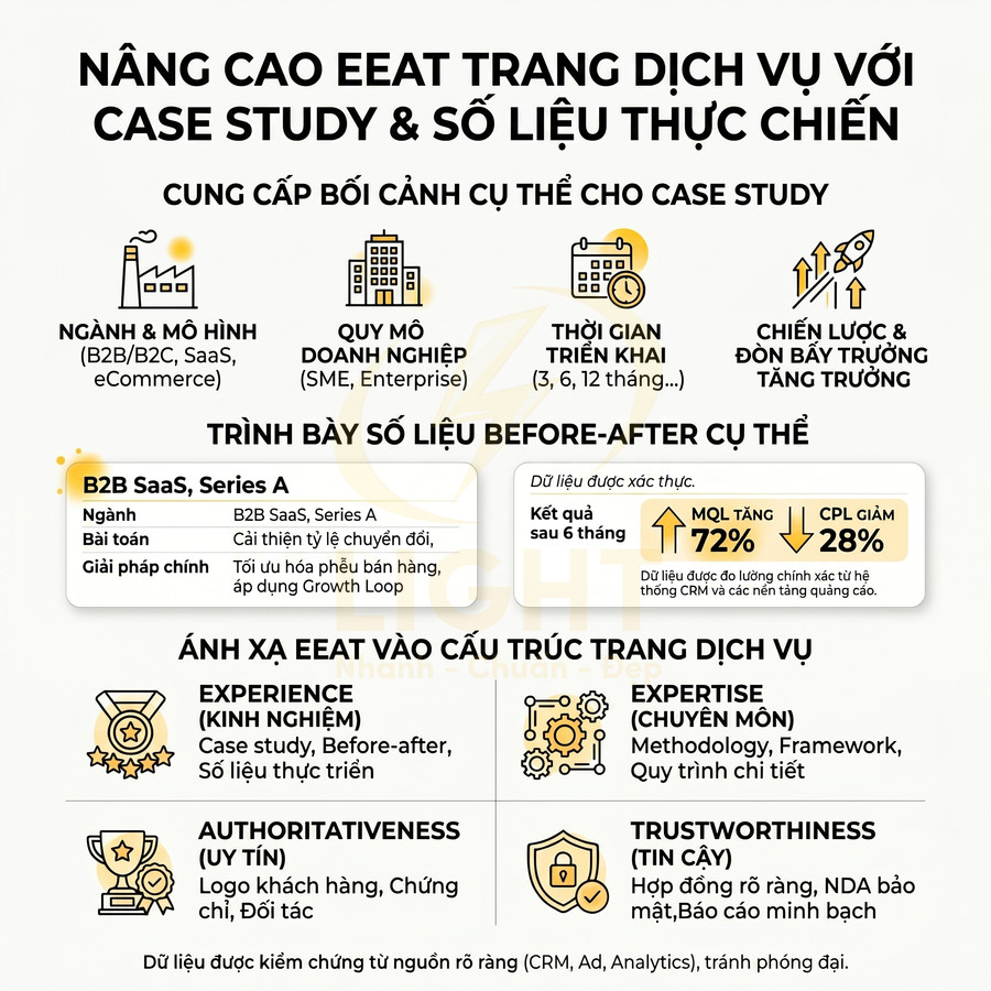 Infographic hướng dẫn nâng cao EEAT cho trang dịch vụ bằng case study và số liệu marketing thực tế