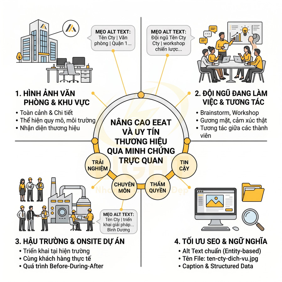 Infographic hướng dẫn tạo hình ảnh minh chứng trực quan để nâng cao EEAT và uy tín thương hiệu trên website