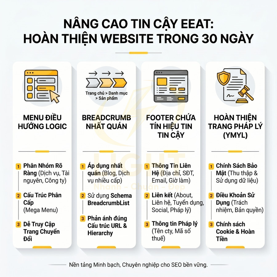 Hướng dẫn tối ưu cấu trúc website 30 ngày với menu, breadcrumb, footer và trang pháp lý chuẩn SEO EEAT
