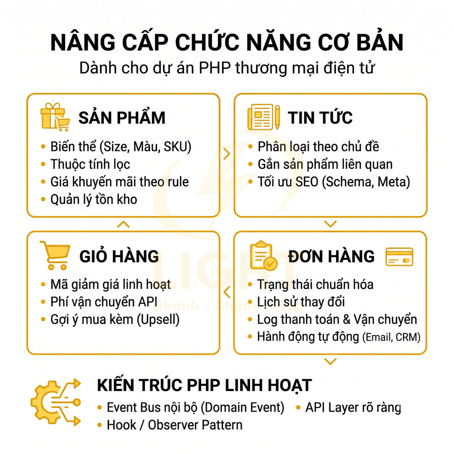 Nâng cấp chức năng cơ bản cho dự án PHP thương mại điện tử với sản phẩm, giỏ hàng, đơn hàng, tin tức và kiến trúc linh hoạt