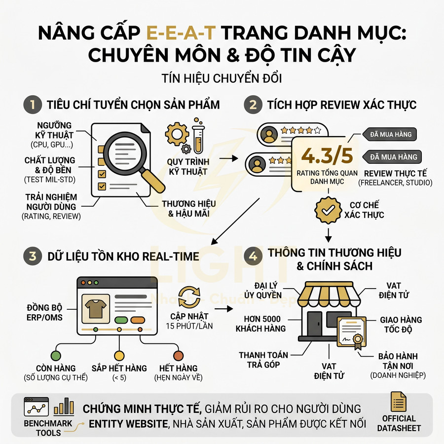 Infographic nâng cấp E-E-A-T trang danh mục với tiêu chí chọn sản phẩm, review xác thực, tồn kho realtime và thông tin thương hiệu