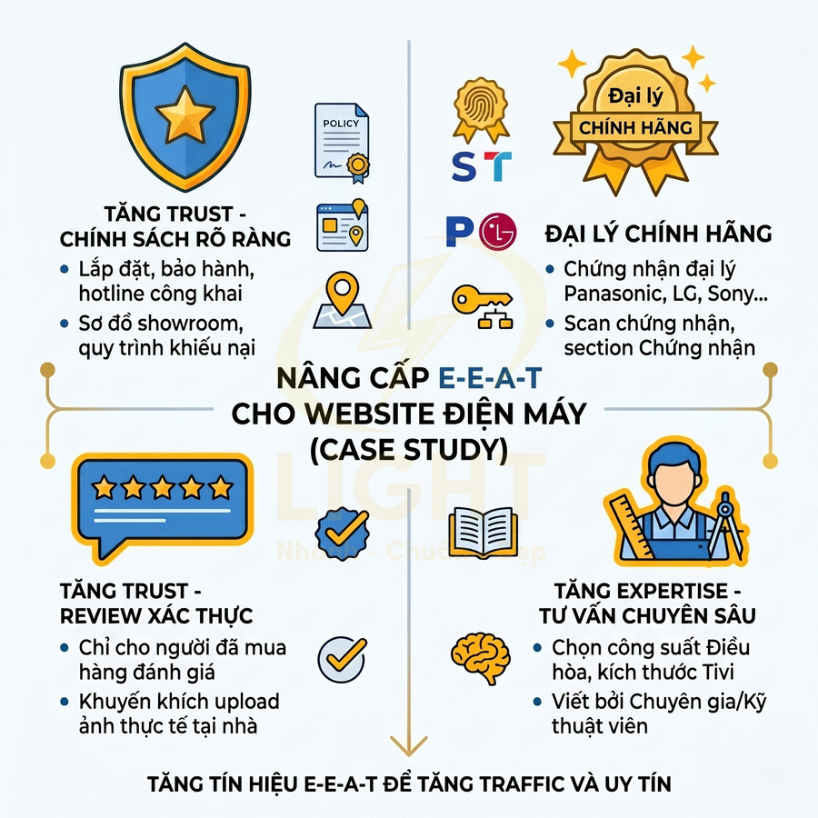 Infographic nâng cấp E-E-A-T cho website điện máy, tăng trust, review xác thực và tư vấn chuyên sâu cho khách hàng
