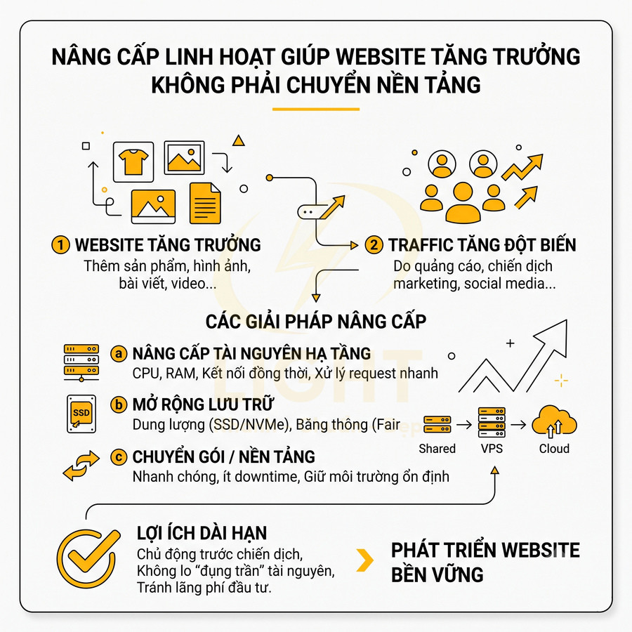 Infographic giải pháp nâng cấp tài nguyên, lưu trữ và gói hosting giúp website tăng trưởng, chịu traffic cao, phát triển bền vững