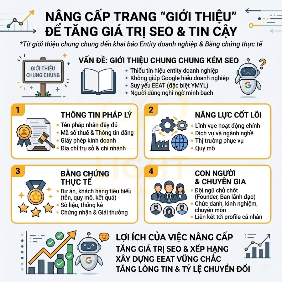 Infographic hướng dẫn nâng cấp trang giới thiệu doanh nghiệp để tăng giá trị SEO và độ tin cậy