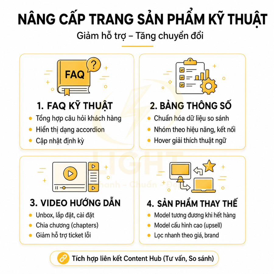 Hướng dẫn nâng cấp trang sản phẩm kỹ thuật với FAQ, bảng thông số, video hướng dẫn và gợi ý sản phẩm thay thế