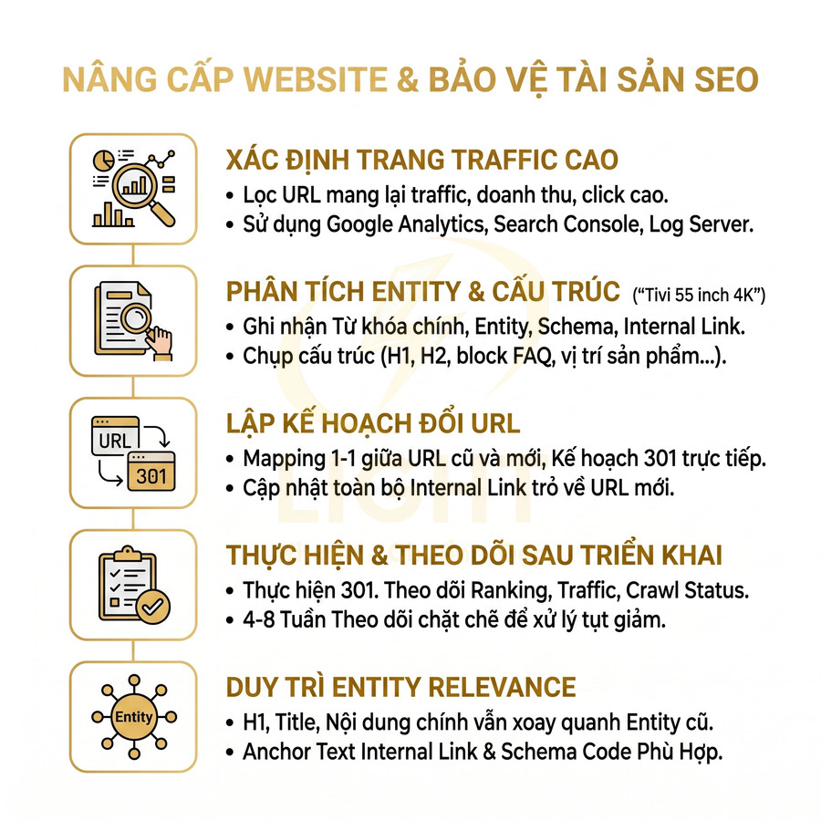 Quy trình nâng cấp website và bảo vệ tài sản SEO với các bước phân tích traffic, entity, đổi URL và duy trì entity