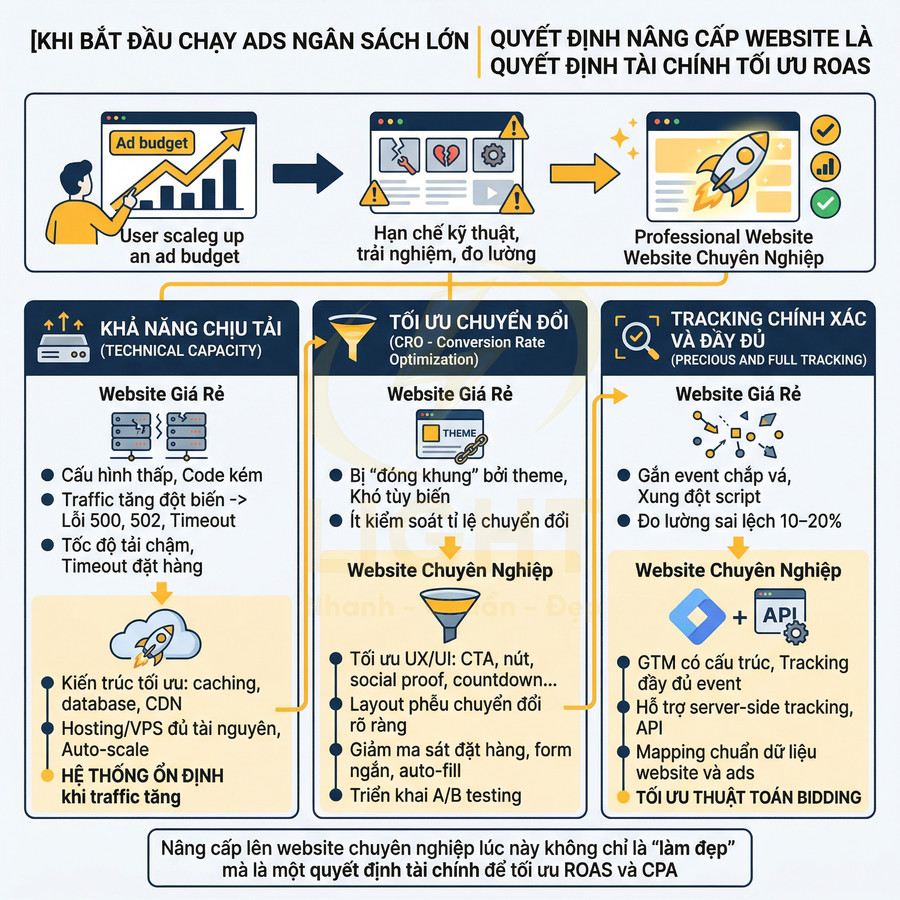 Infographic so sánh website giá rẻ và website chuyên nghiệp khi chạy quảng cáo ngân sách lớn để tối ưu chuyển đổi và tracking